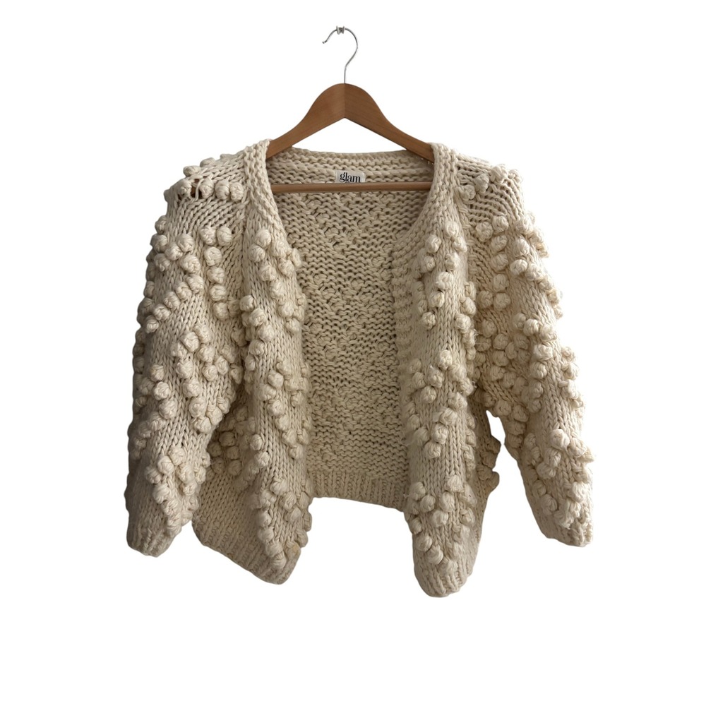 Glam Ivory Popcorn Heart Chunky Knit Cardigan Wool Blend SW1294 Small